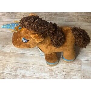 Afro Unicorn Brown Plush Animal Bue Metallic Horn Gold Crown Feet 14" Tall 2023